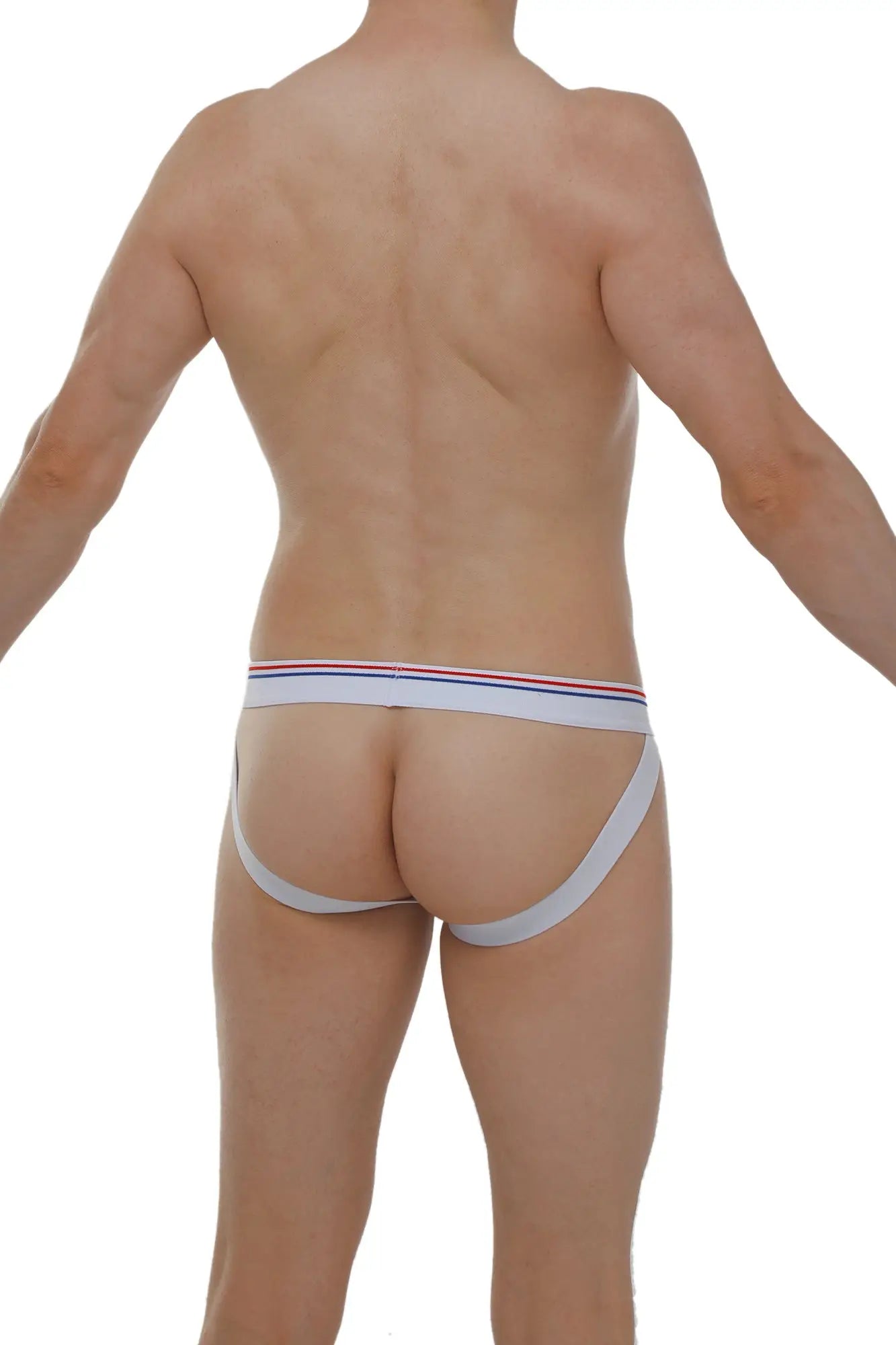 White petitq jockstrap anjouin modal briefs with thin red white and blue striped waistband for athletic use