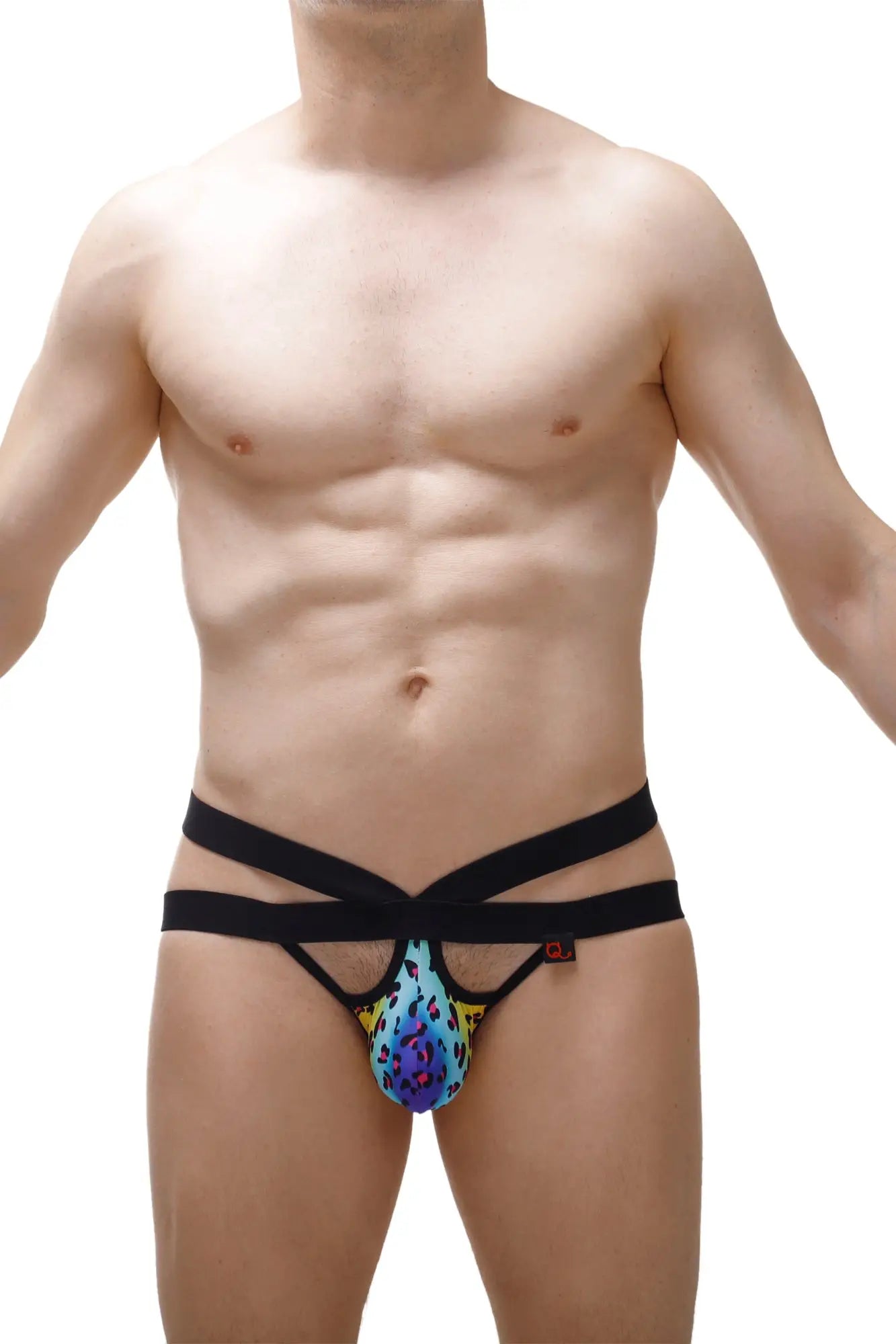 PetitQ jockstrap Antran leopard rainbow featuring a black base with vibrant colorful abstract patterns for men