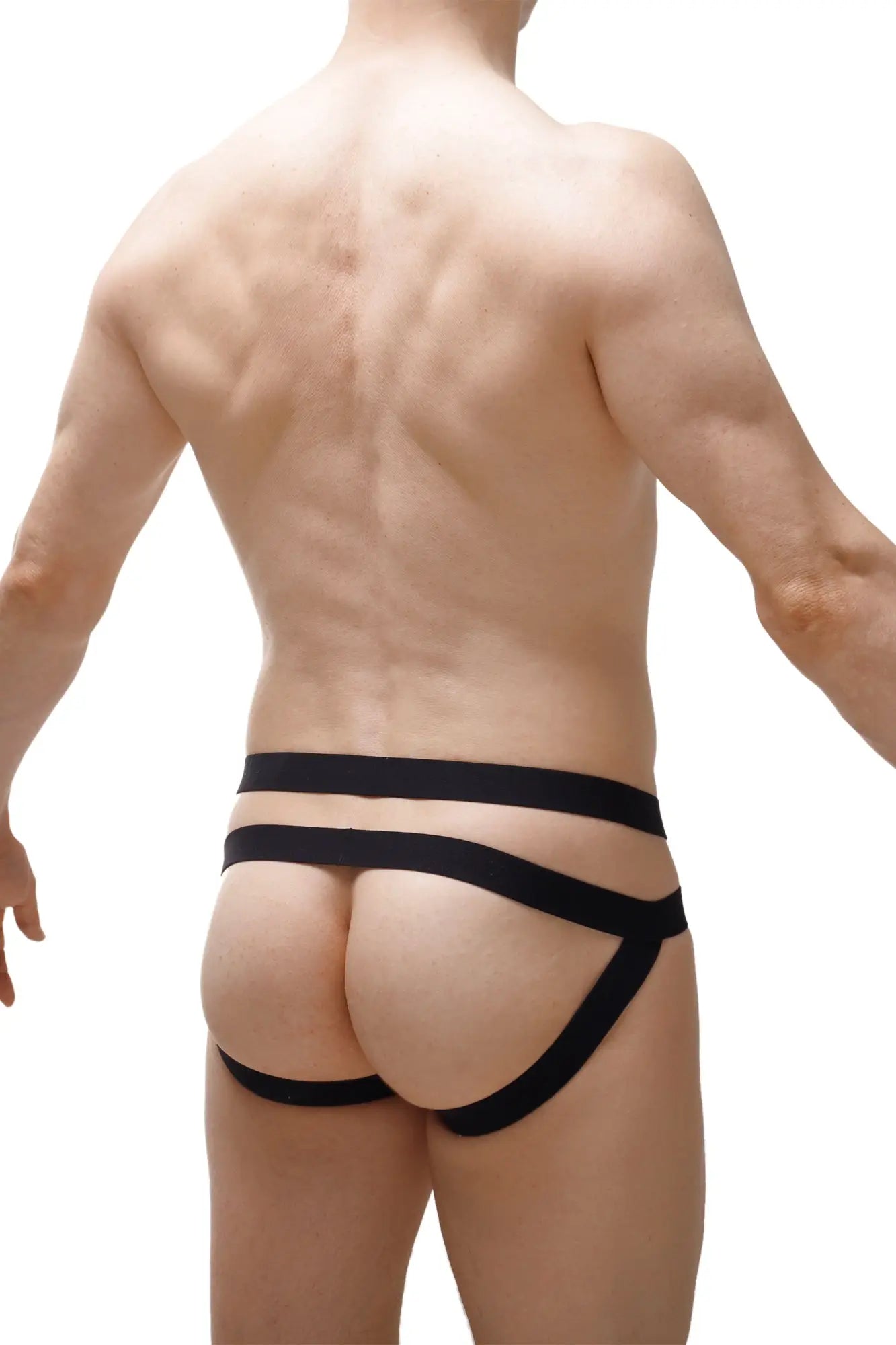 Black sleek form-fitting athletic briefs with modern design from petitq jockstrap antran leopard rainbow collection