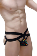 Petitq jockstrap antran rainbow stars men’s briefs in black fabric with colorful star patterns