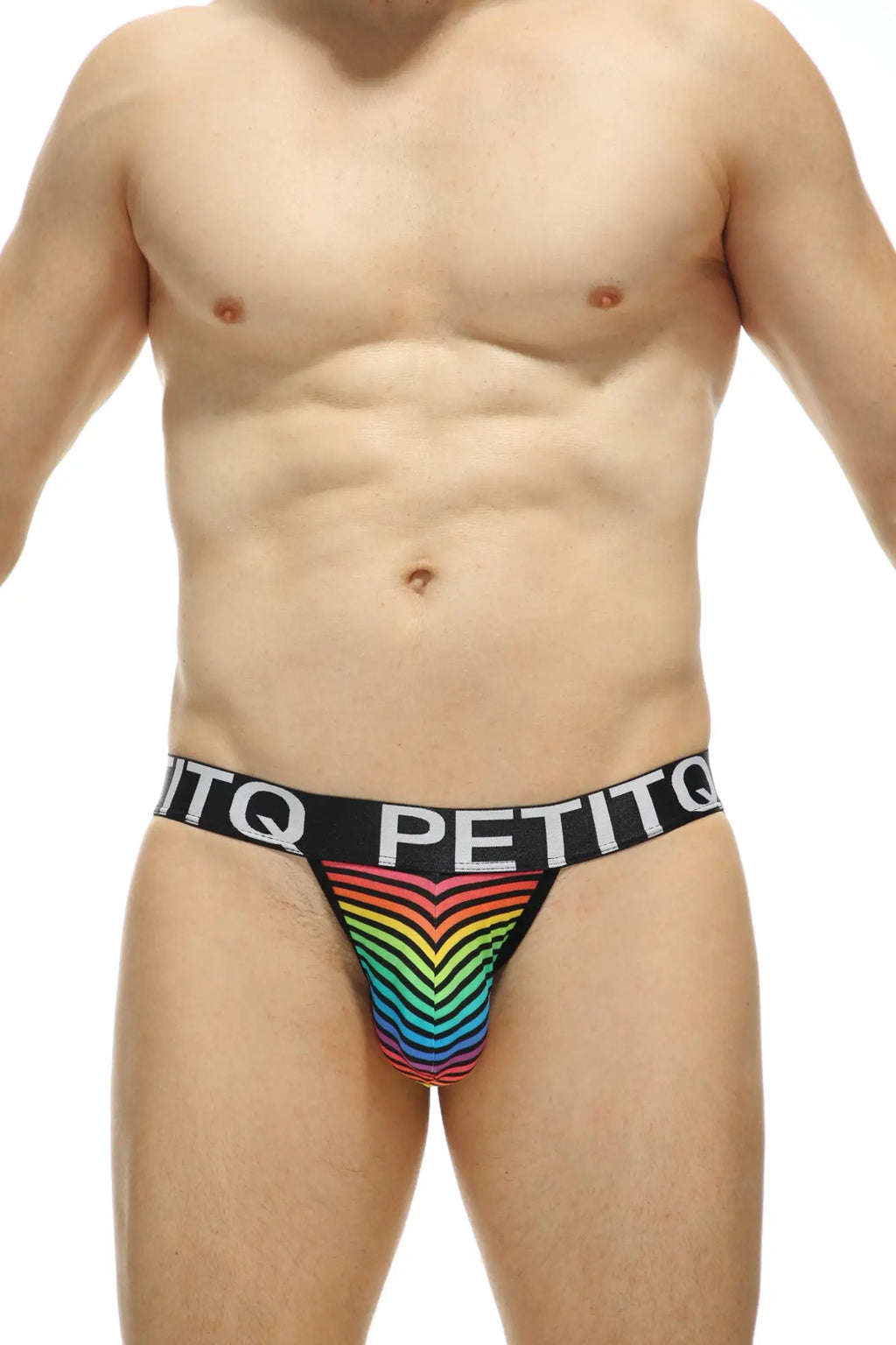 Men’s briefs with rainbow stripes black trim and petitq branding on the waistband from petitq jockstrap arneke monti rainbow