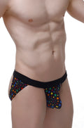 Black petitq jockstrap augea stars with a vibrant multicolored star pattern for comfortable support
