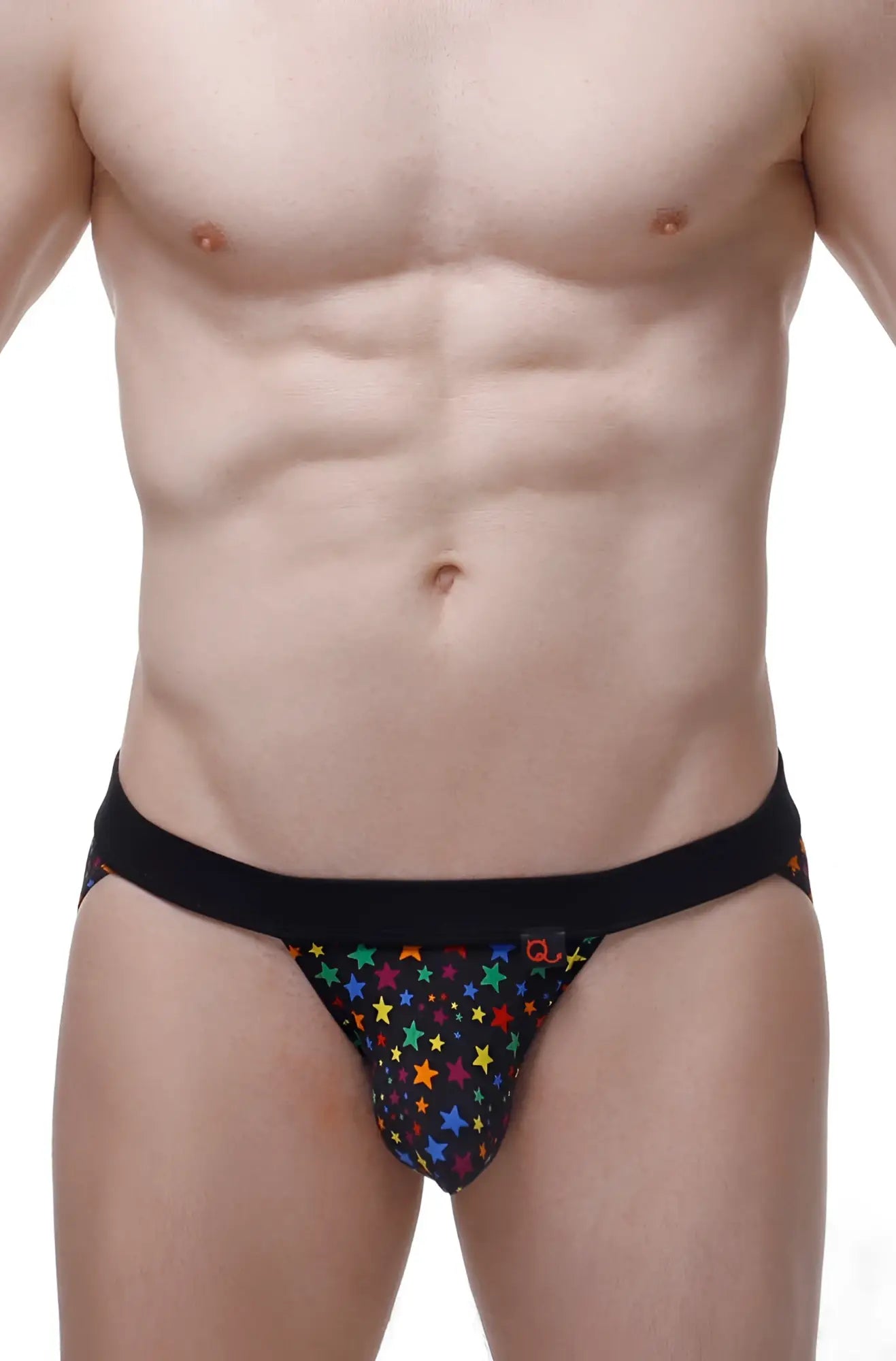 Black briefs with vibrant rainbow star pattern from petitq jockstrap augea stars collection in front view