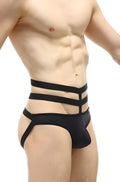 PetitQ jockstrap Bassan black three-strapped men’s briefs with a sleek, form-fitting design shown from the front