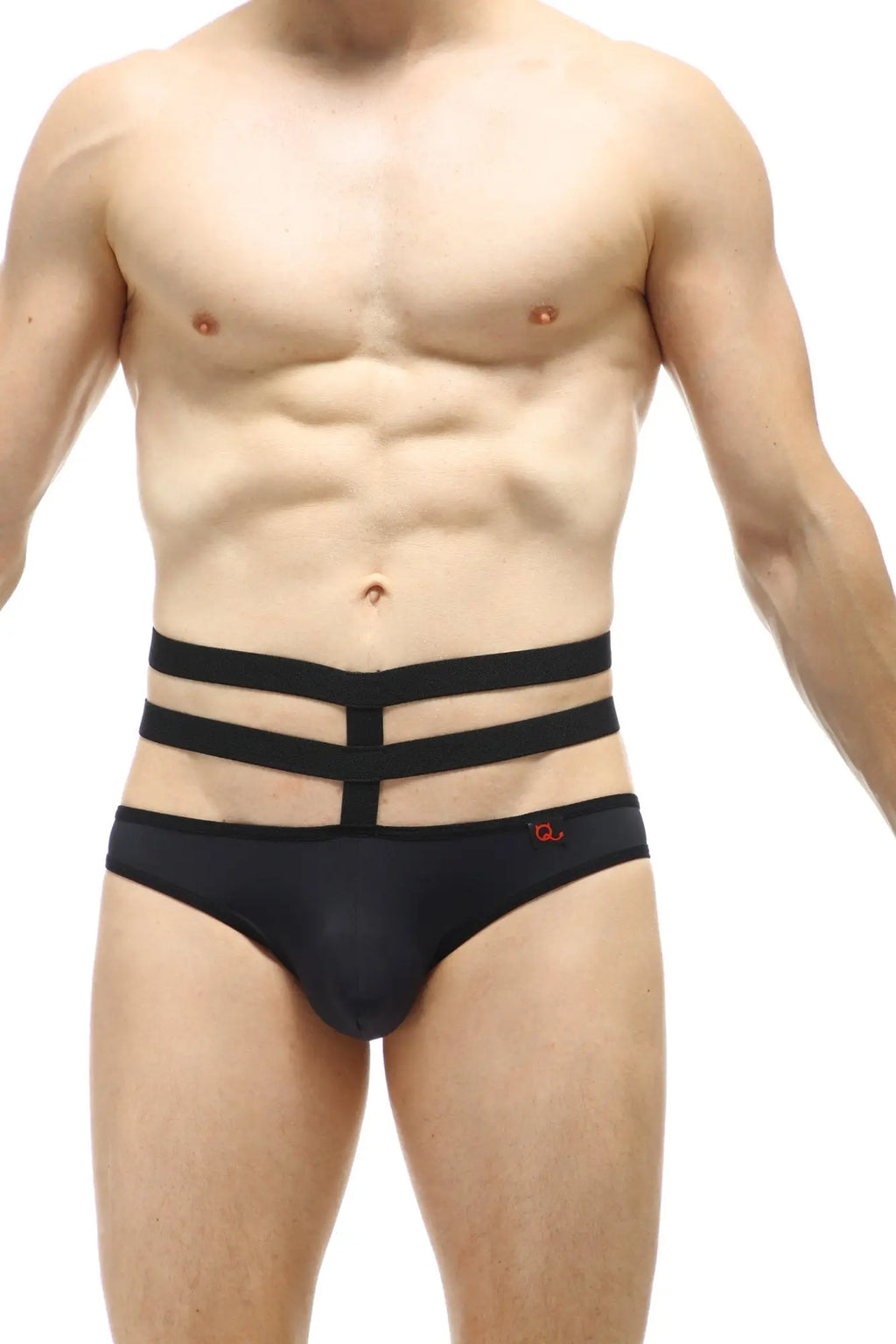 PetitQ jockstrap Bassan black briefs with three straps sleek modern design and subtle red logo on the side