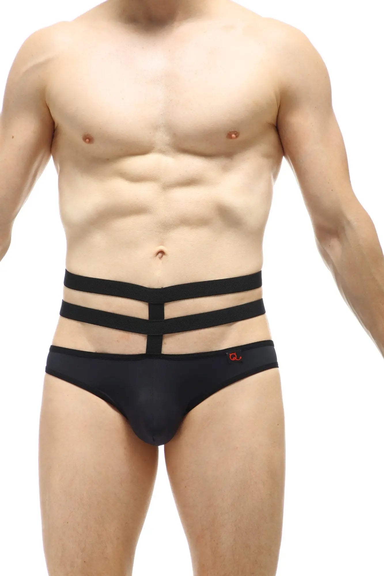 PetitQ jockstrap Bassan black briefs with three straps sleek modern design and subtle red logo on the side