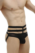 Petitq jockstrap bassan net black sheer mesh briefs with three horizontal elastic bands on the waistband