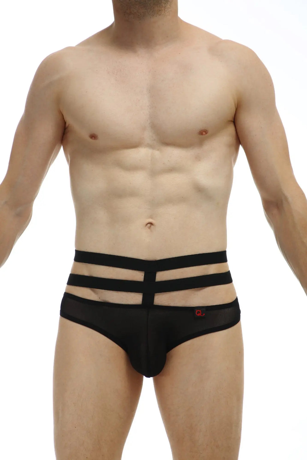 PetitQ Jockstrap Bassan Net Black three-strapped men’s briefs with sleek modern design and subtle red logo on side