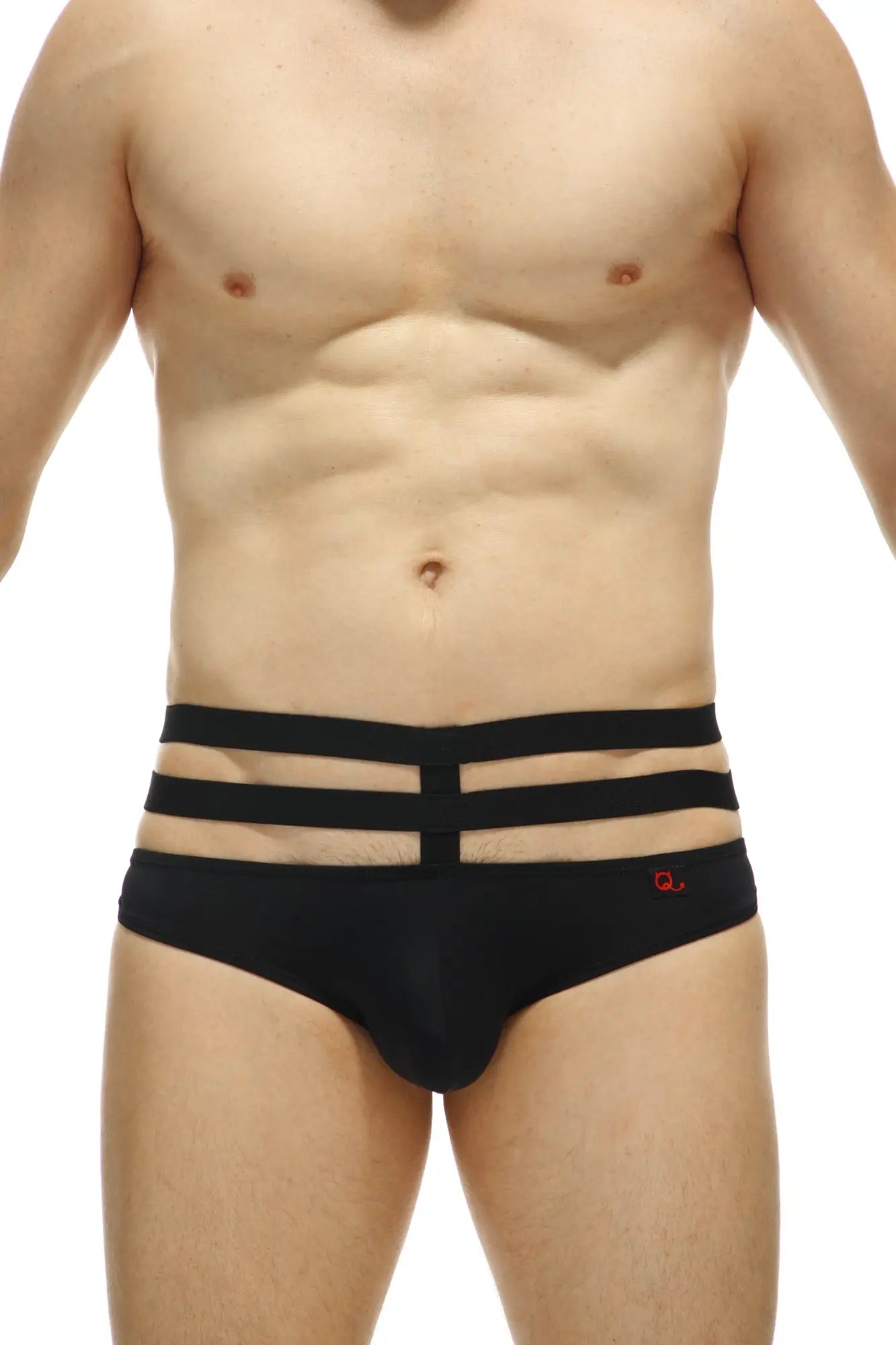 Black men’s briefs petitq jockstrap bassan with three horizontal elastic bands small red logo recycled nylon black