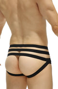 Black petitq jockstrap bassan briefs with three straps made of recycled nylon featuring a sleek minimalist design