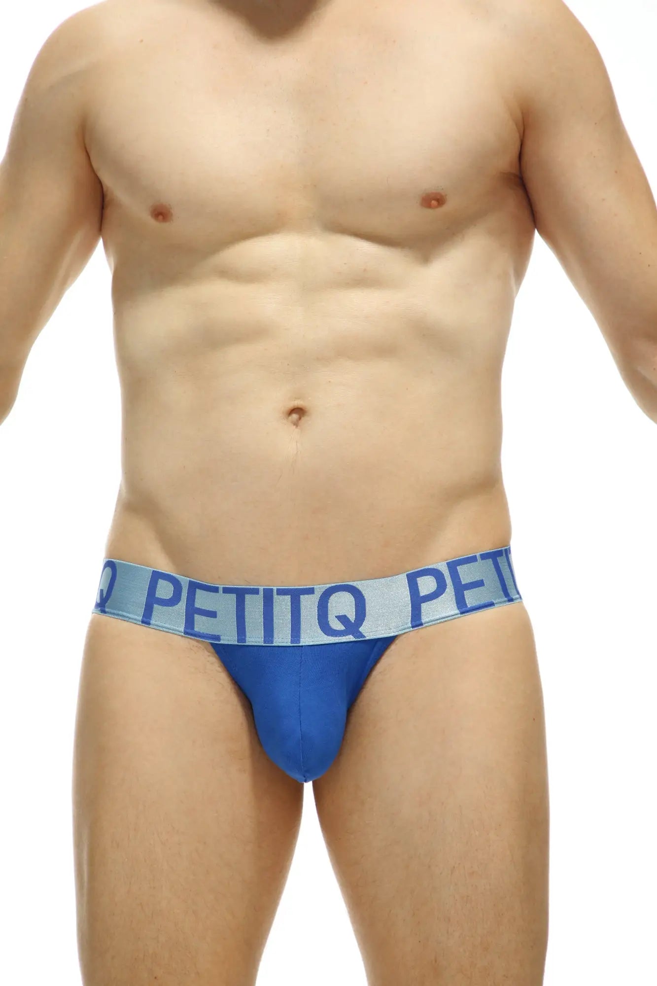Blue petitq jockstrap with a light blue waistband featuring the petitq logo in bold lettering front view