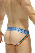 Petitq jockstrap blue rainbow with rainbow-striped briefs and blue elastic waistband with white brand name lettering