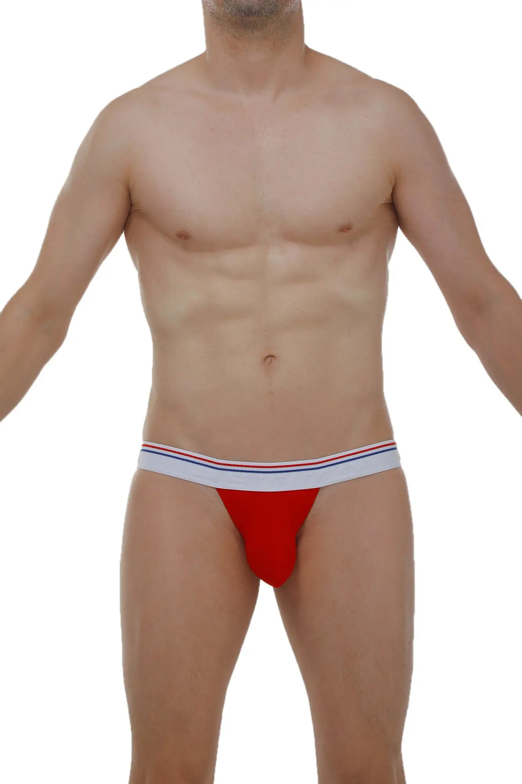 Petitq jockstrap blyes modal red athletic briefs with white waistband featuring thin red and blue stripes