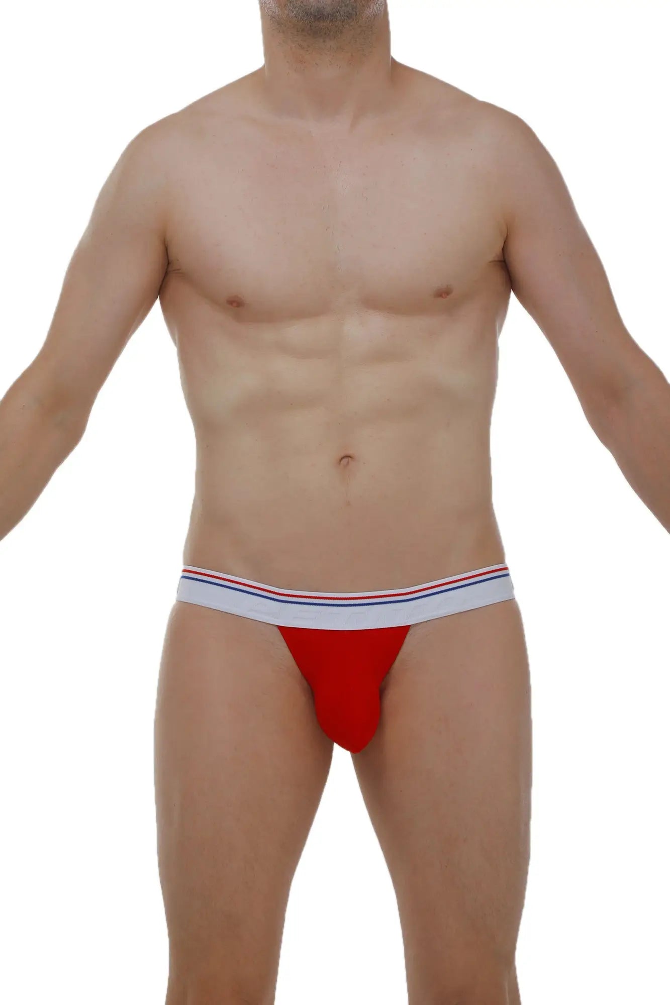 Petitq jockstrap blyes modal red athletic briefs with white waistband featuring thin red and blue stripes