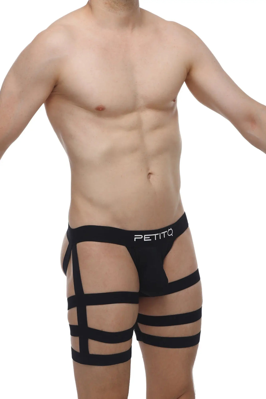 Black petitq brand men’s briefs with bold geometric strap design in petitq jockstrap bondage black style