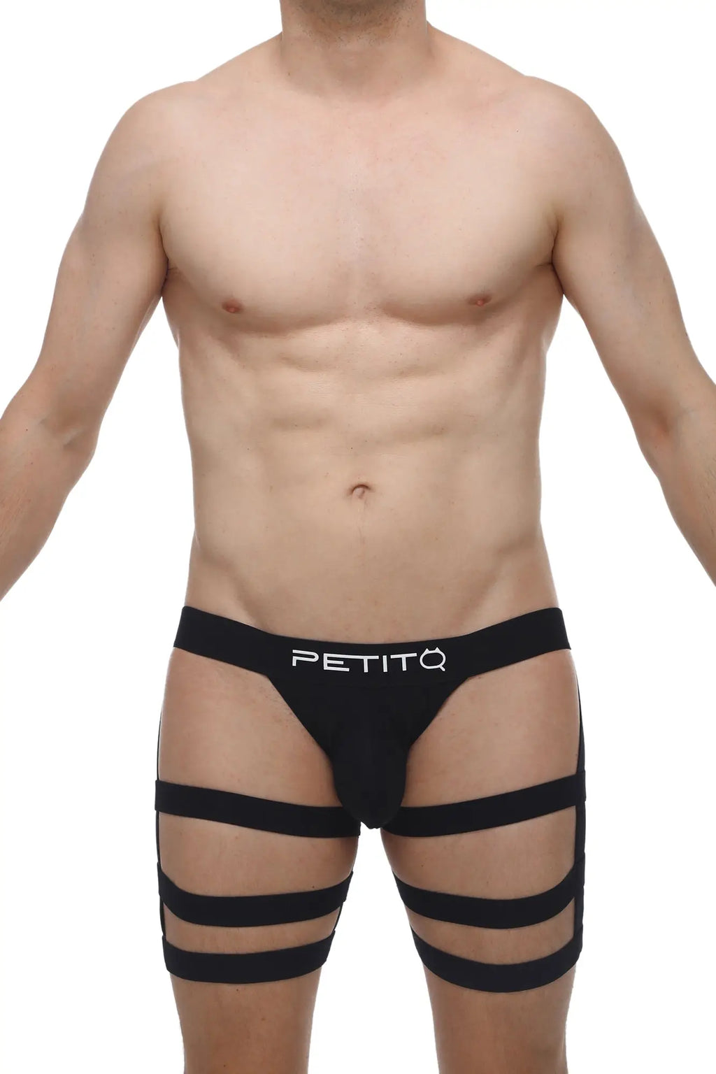 Black petitq jockstrap bondage men’s underwear with cut-out design and multiple horizontal straps visible from front
