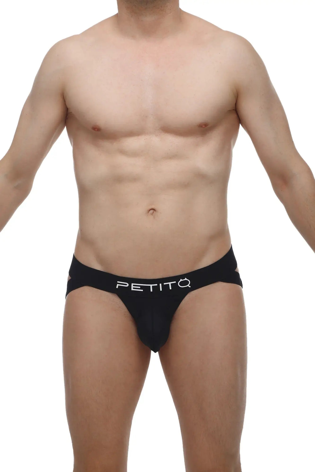 Black petitq brucy jockstrap briefs with sleek form-fitting design and white logo on waistband