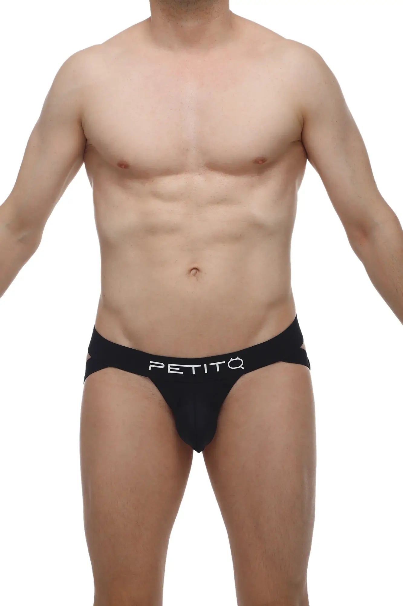Black petitq brucy jockstrap briefs with sleek form-fitting design and white logo on waistband