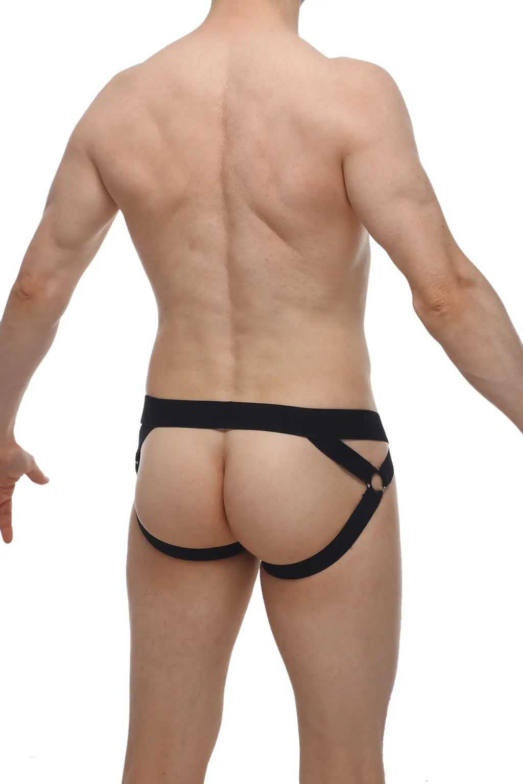 Petitq jockstrap brucy black black leather-like harness-style briefs with a central waistband and diagonal straps