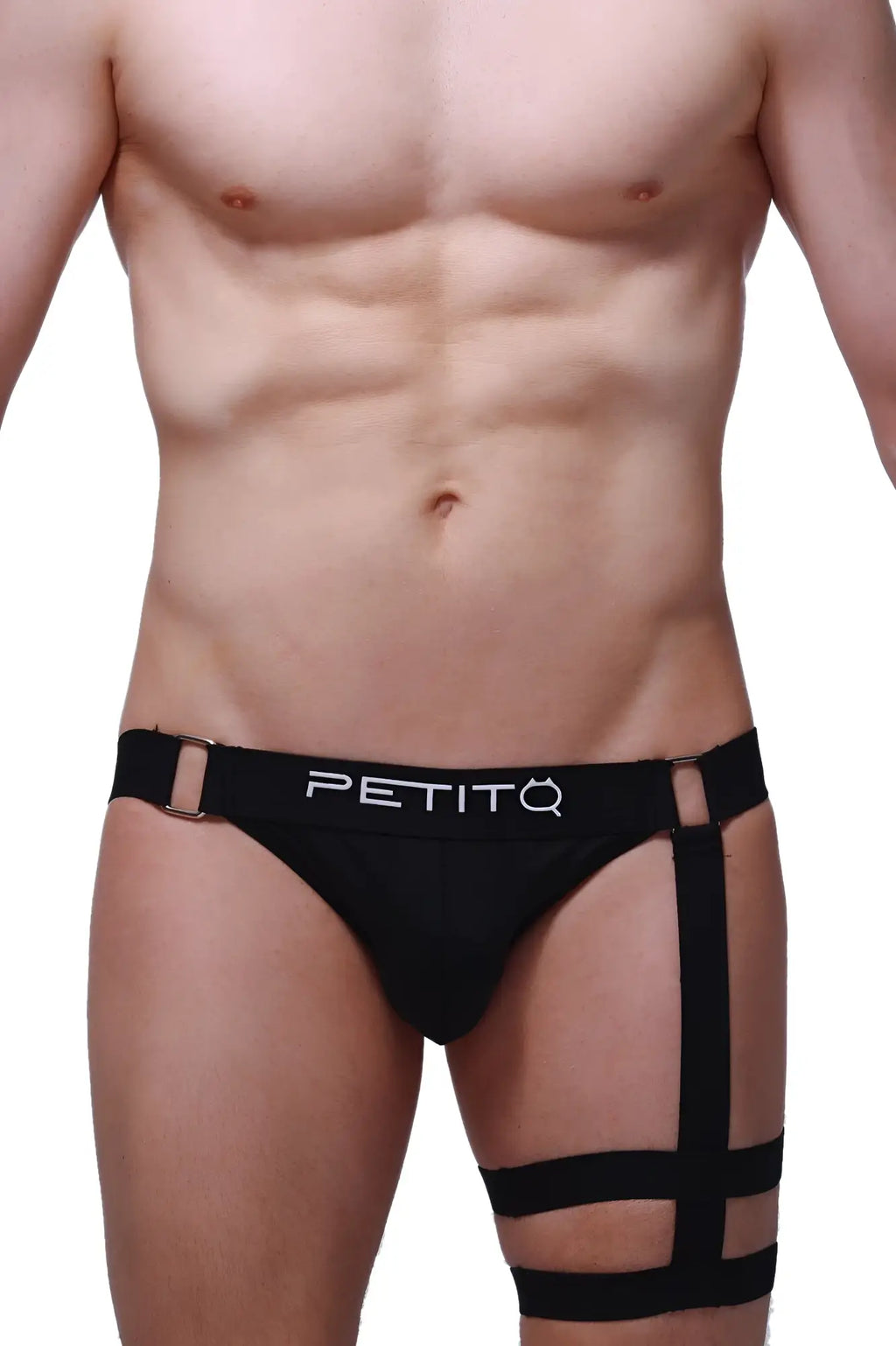 Black petitq jockstrap calenge with adjustable leg straps and metallic buckle designed for comfortable support
