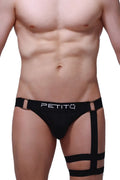 Black petitq jockstrap calenge with adjustable leg straps and metallic buckle designed for comfortable support