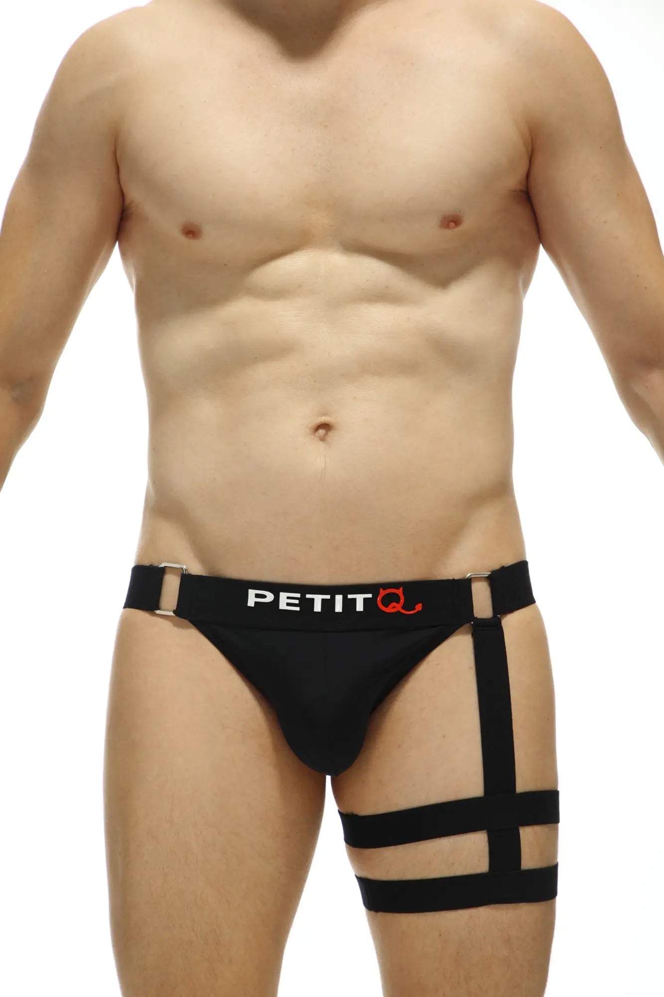 Black petitq men’s briefs with harness-style adjustable straps made from recycled material for supportive wear