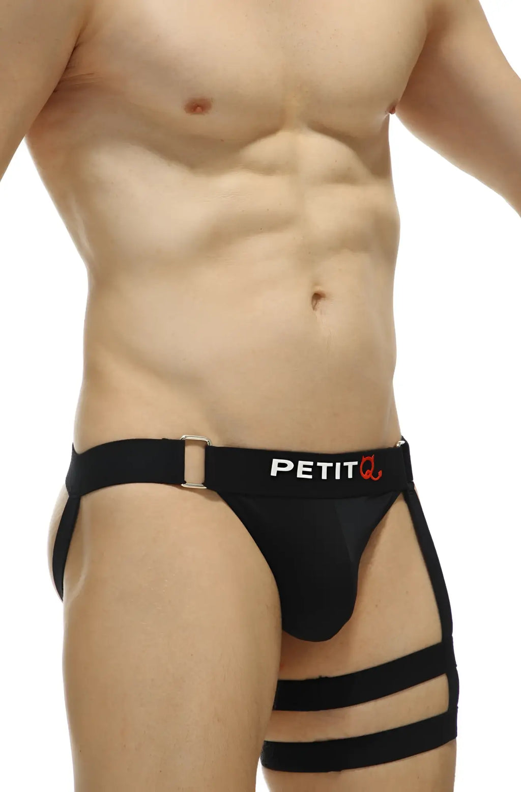 Black petitq jockstrap calenge briefs with three horizontal straps on thighs made from recycled material