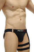 Black petitq jockstrap calenge briefs with three horizontal straps on thighs made from recycled material