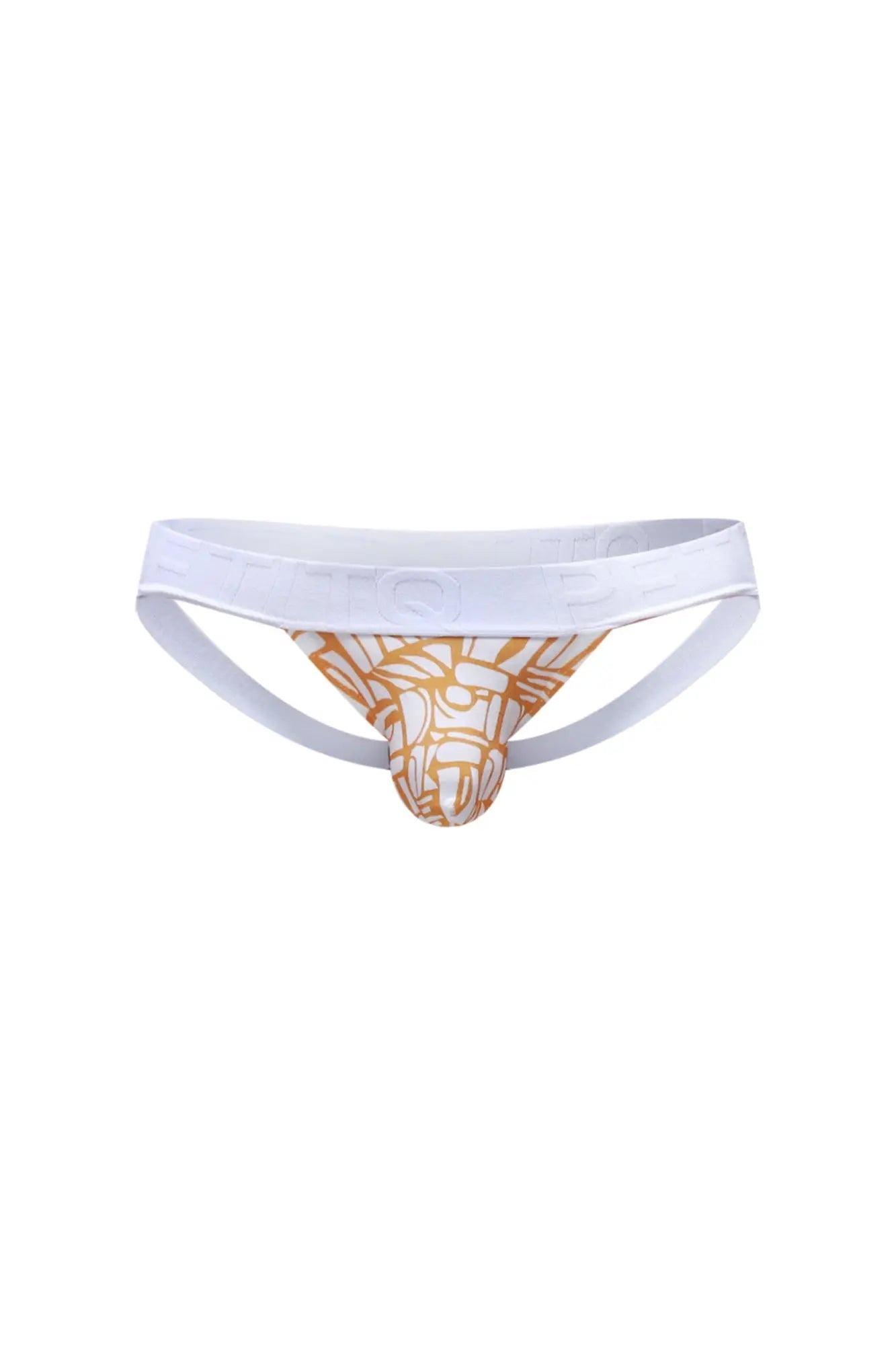 PetitQ jockstrap Chill Carlot Alloy white and gold athletic briefs with bold geometric pattern for active wear
