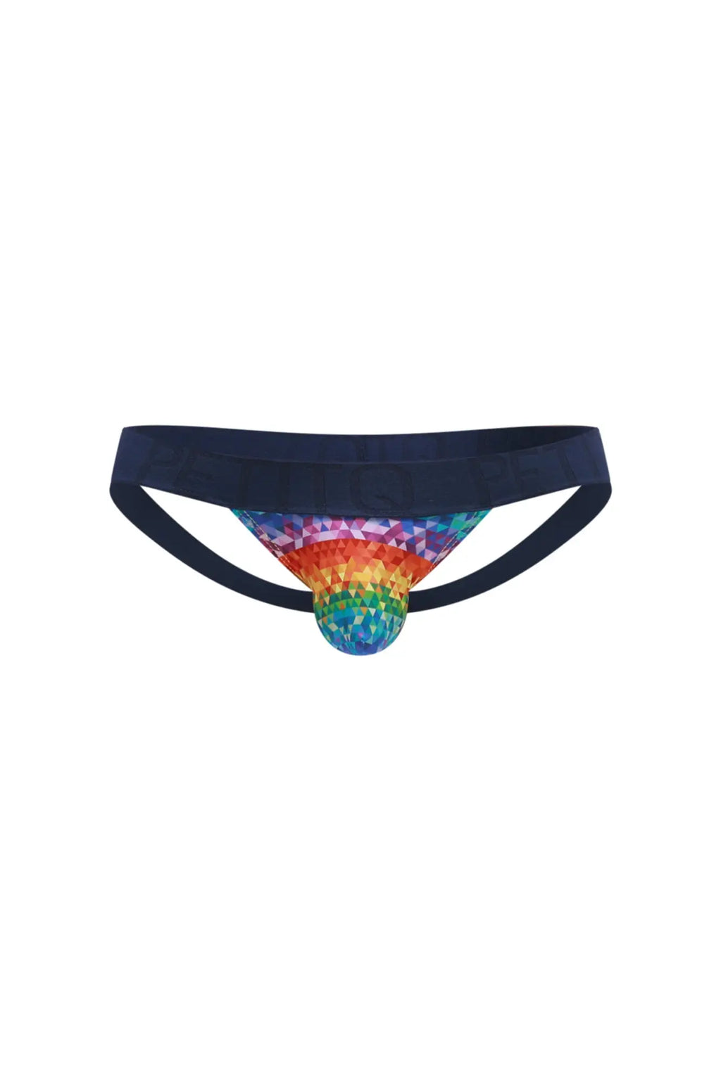 Navy blue PetitQ jockstrap thong with a rainbow geometric disco ball patterned front panel for vibrant style
