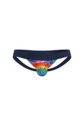 Navy blue PetitQ jockstrap thong with a rainbow geometric disco ball patterned front panel for vibrant style