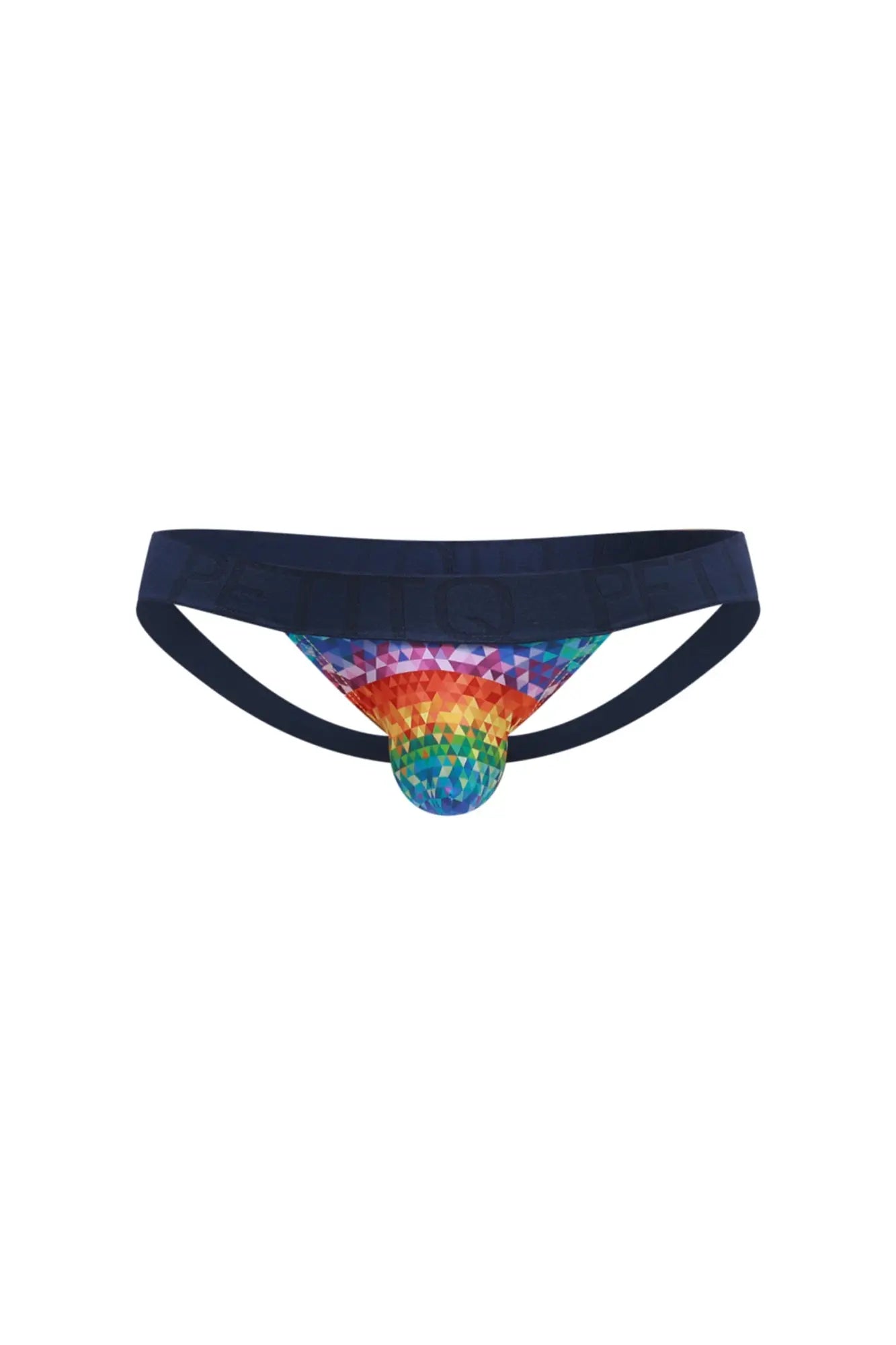 Navy blue PetitQ jockstrap thong with a rainbow geometric disco ball patterned front panel for vibrant style