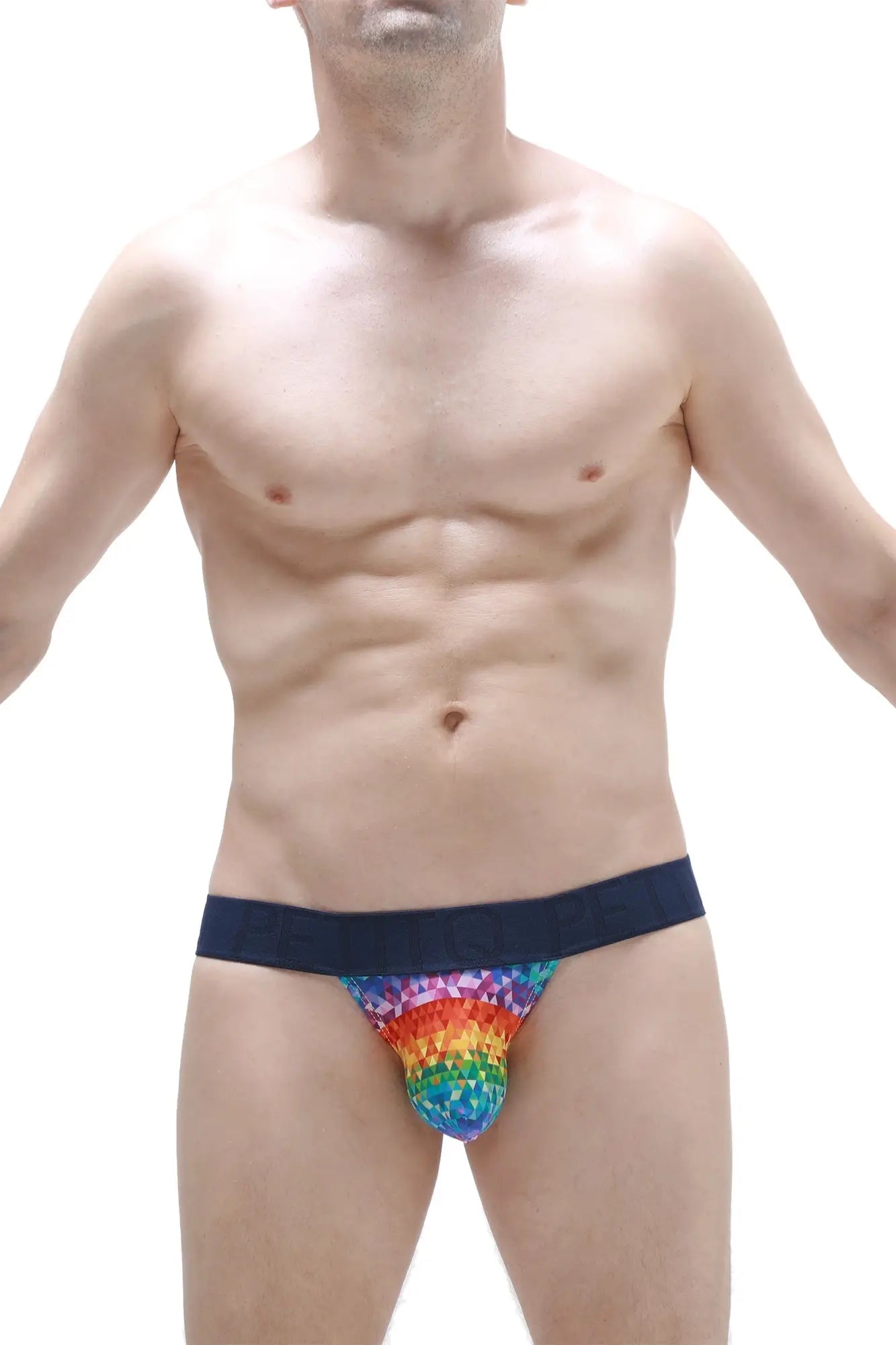 PetitQ jockstrap chill kaleidoscope rainbow-patterned men’s briefs with a dark blue waistband for vibrant comfort