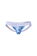 Petitq jockstrap chill maeha in blue and white leaf pattern with solid white waistband for athletic use
