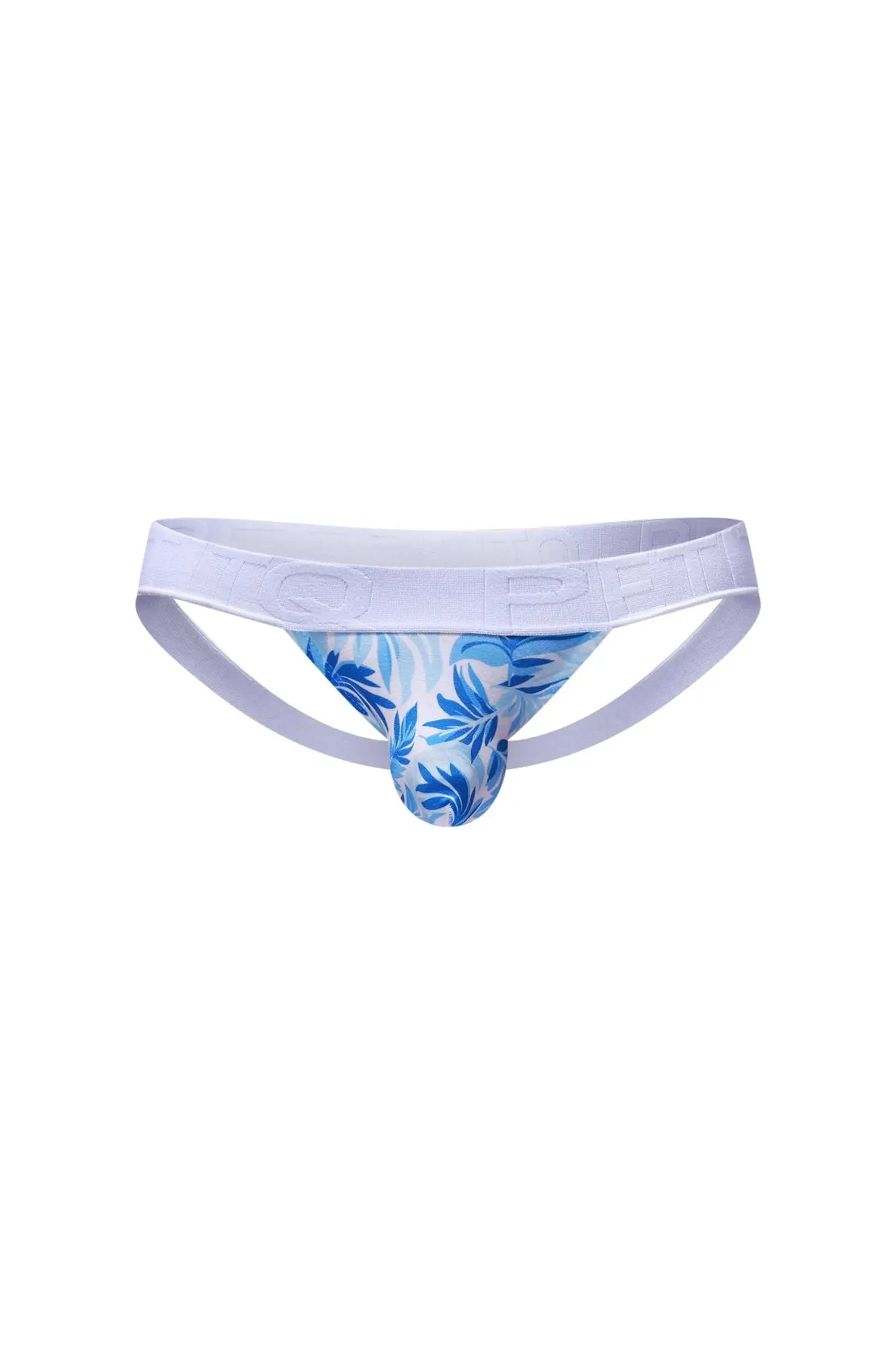 Petitq jockstrap chill maeha in blue and white leaf pattern with solid white waistband for athletic use
