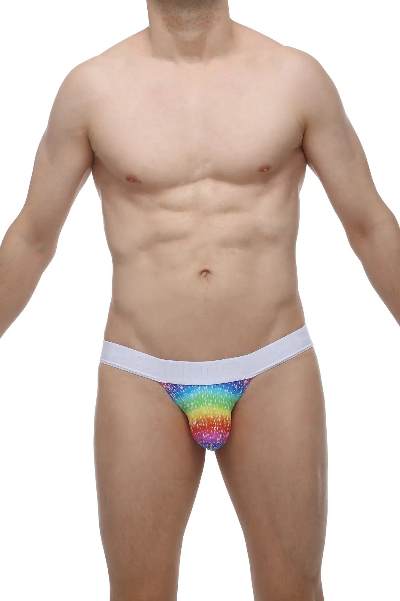 Petitq jockstrap chill rainbow men’s briefs with rainbow pattern and white waistband for comfortable support