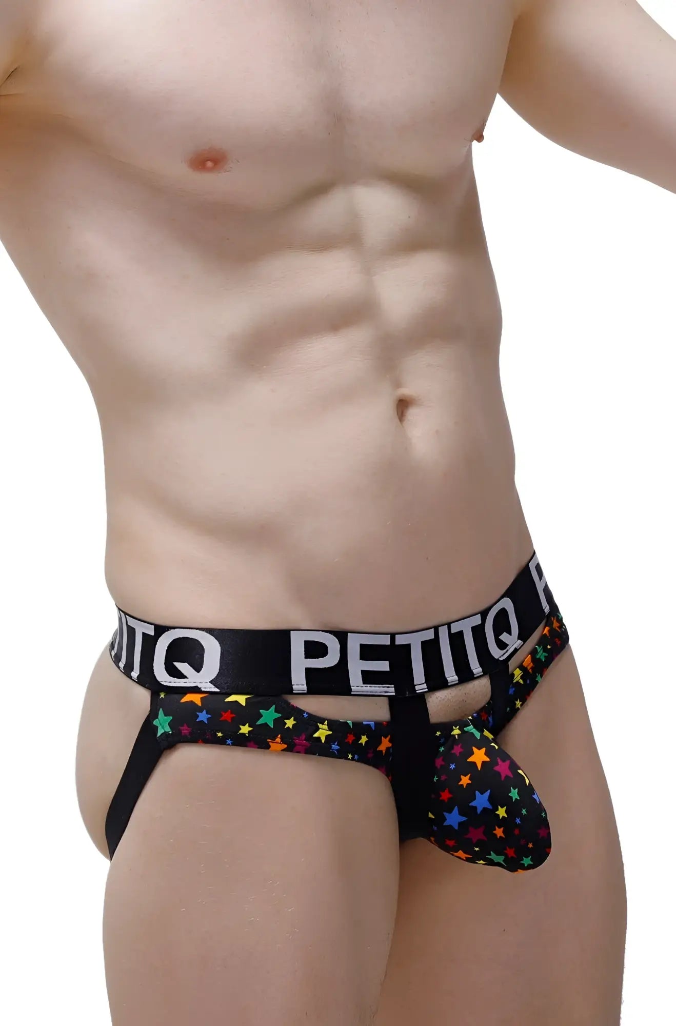 Black petitq jockstrap dolmen stars with colorful star pattern and supportive contoured pouch design