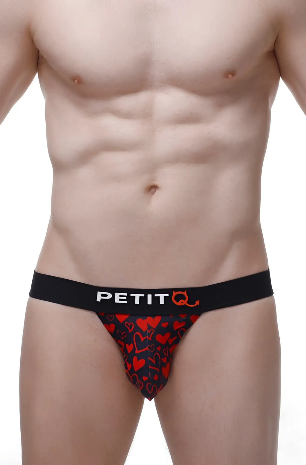Petitq jockstrap king of hearts black and red heart patterned mens briefs with black waistband and brand logo