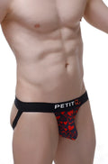 PetitQ jockstrap king of hearts black and red heart patterned thong with black waistband front view