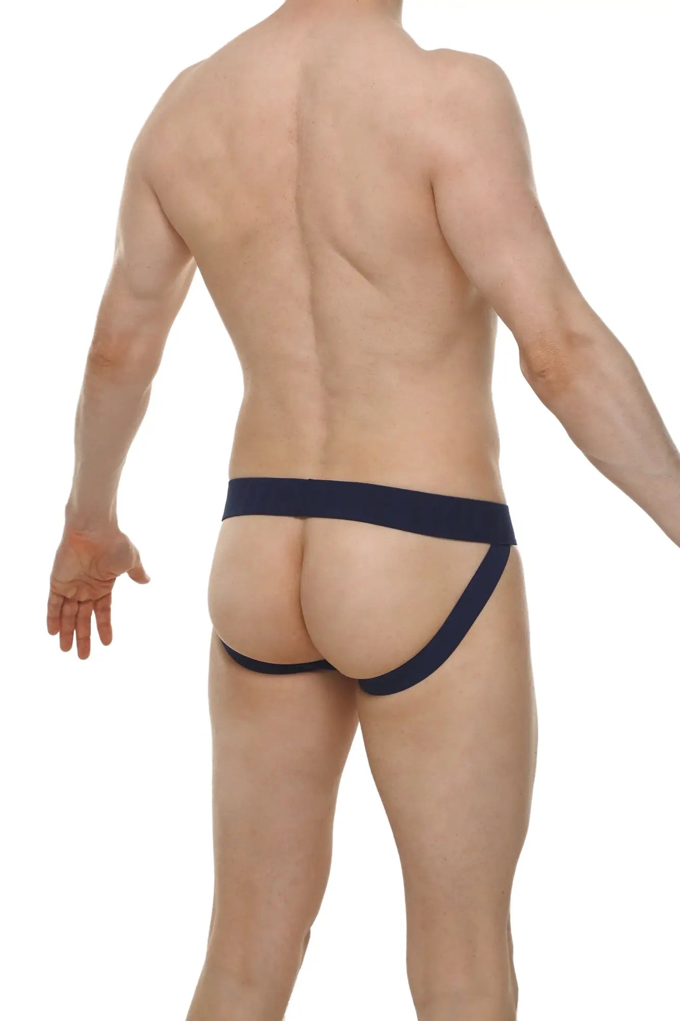 Navy blue jockstrap lace athletic briefs with snug supportive fit and smooth fabric finish front view