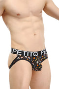 Petitq jockstrap lunan sitges black briefs with playful rainbows bananas and sleeping symbols pattern on fabric