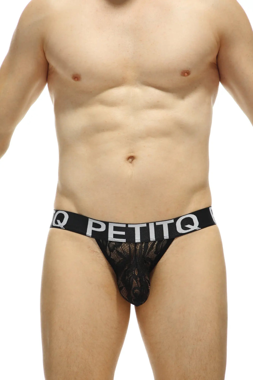 Black lace thong jockstrap luscan lace black with white petitq logo band showing front view