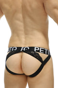 Black lace thong jockstrap luscan lace black with wide waistband featuring white lettering seen from the back side