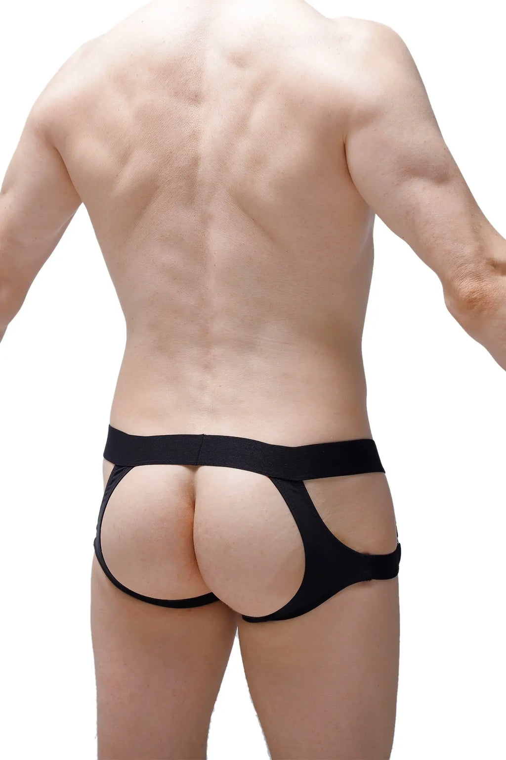 Black petitq jockstrap mijoux briefs with wide waistband and cut-out sides in a form-fitting high-cut design