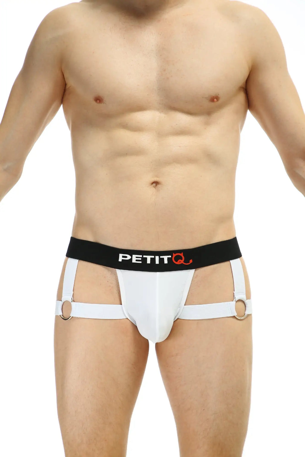 White petitq jockstrap with black waistband and white harness straps featuring metal rings shown from the back side