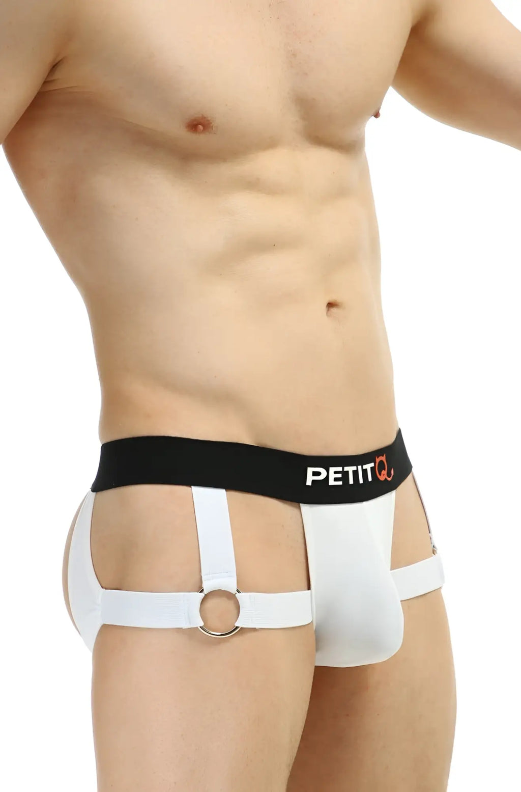 White petitq jockstrap underwear with black petitq waistband and silver ring detail for men