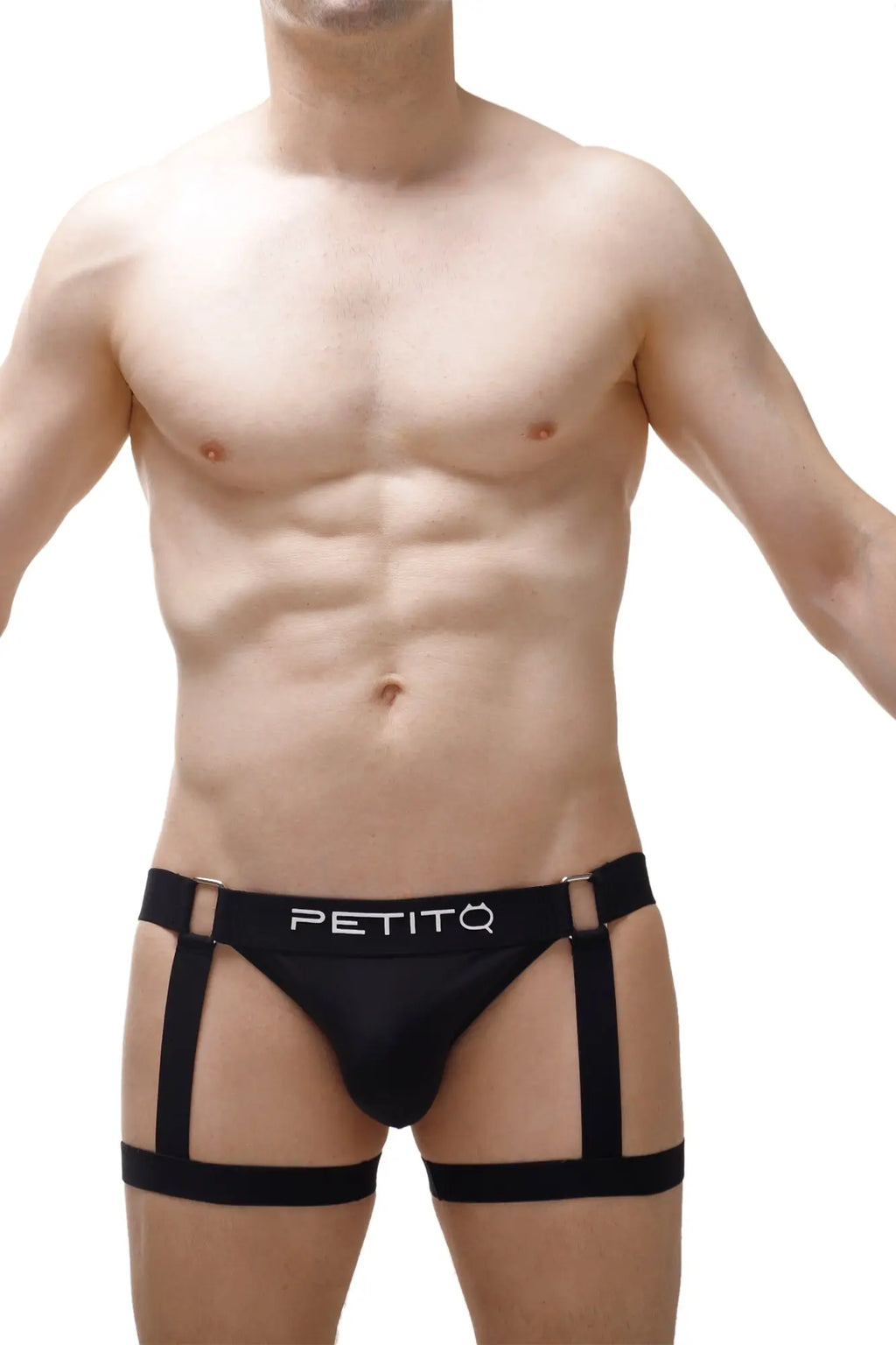 Black petitq jockstrap mirbel 2023 with four adjustable straps and a branded waistband in white lettering