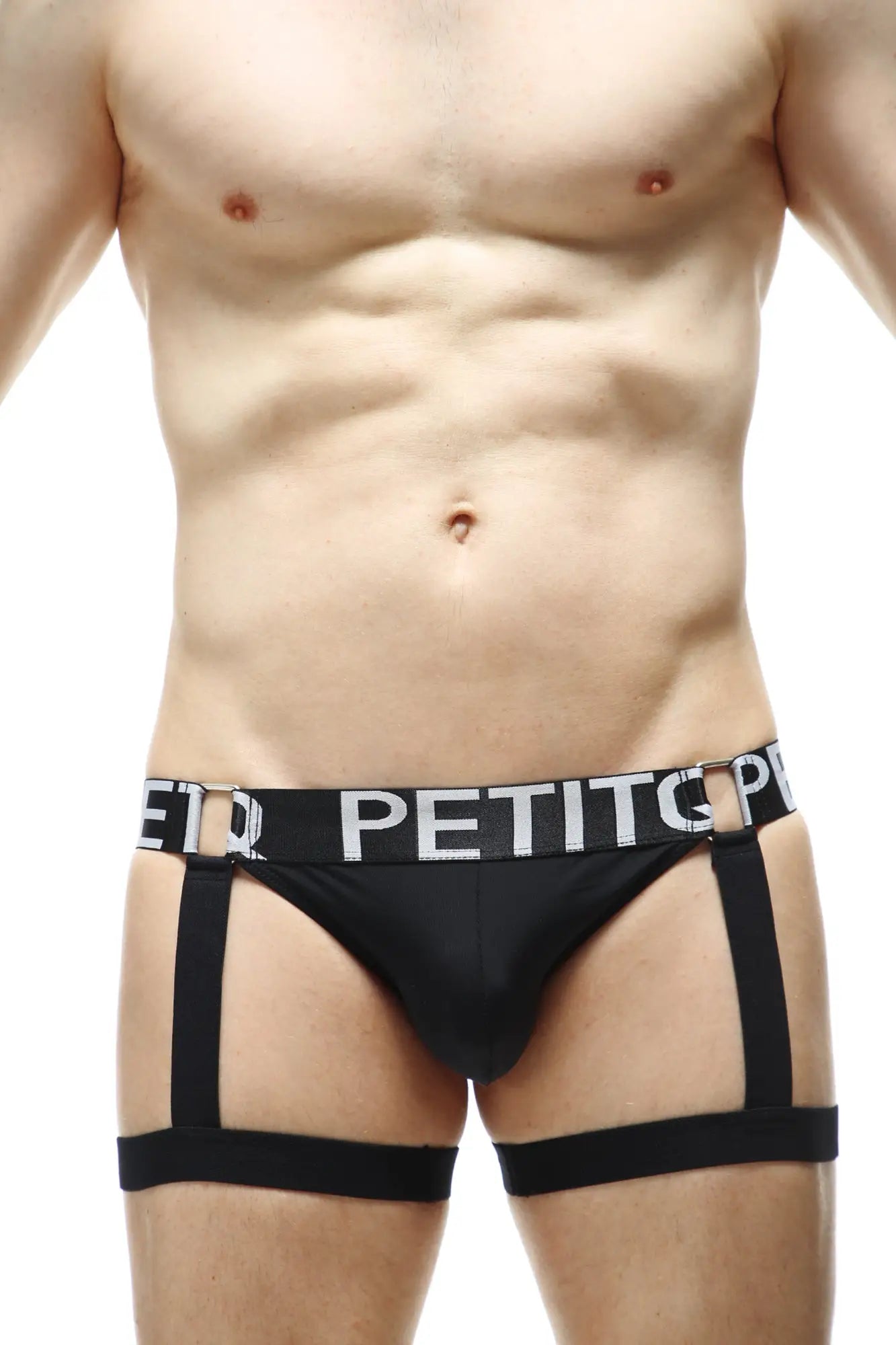 Black mens briefs with a white petit logo band and matching leg straps from petitq jockstrap mirbel recycled black collection