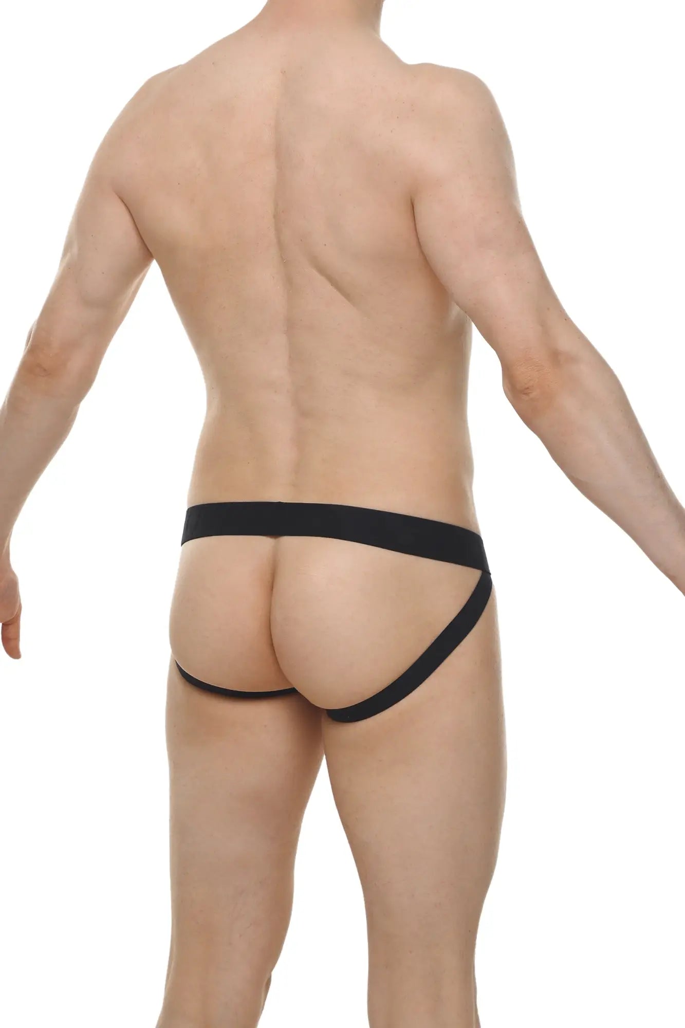 Black monviel lace jockstrap briefs with smooth elastic waistband and side straps showing front view