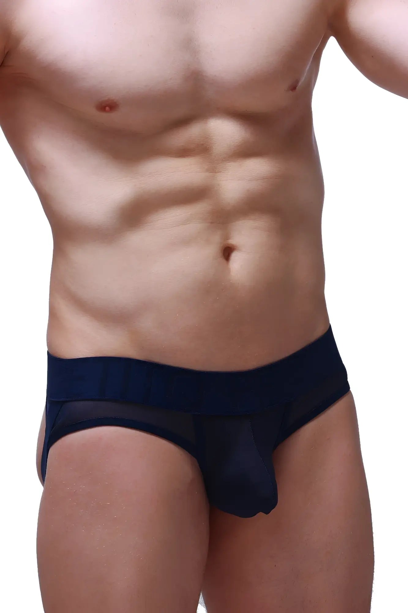 Petitq jockstrap mosset navy in navy blue mesh briefs with solid waistband shown from the back side